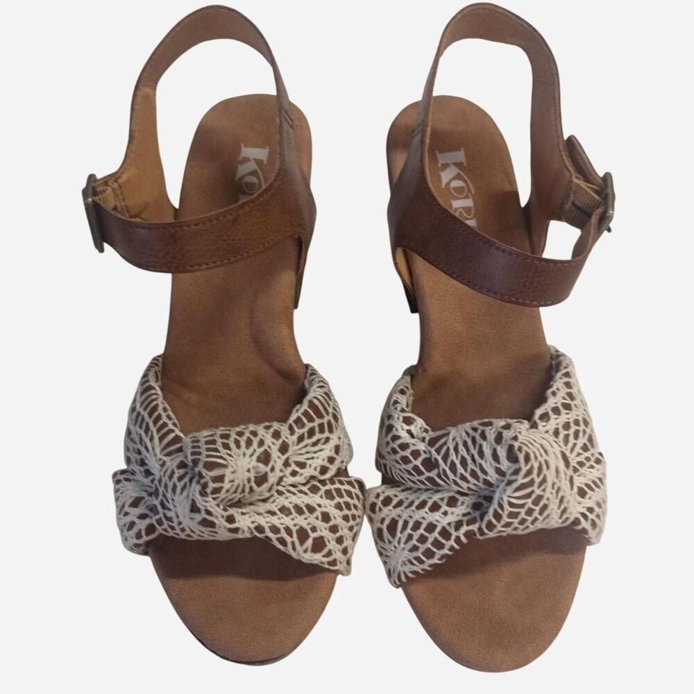 Korks Natalia Platform Slingback Sandals Brown Leather Crochet Size 8